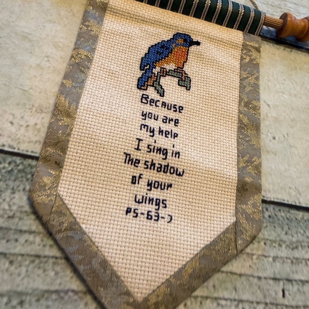 Vintage Grandmacore needlework bird wood rod hanging Bible verse wall art. - Picture 2 of 5